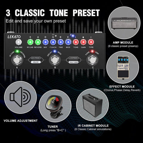 Image of control panel for Multi Effects Guitar Pedal With Nine Amp Models And Eight IR Cabinets Dope Delays Reverb And Distortion.