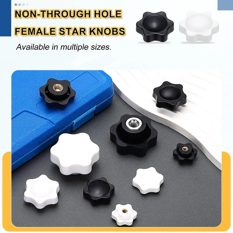 Assorted Three Pack One Quarter Inch Star Knobs With Six Point Plastic Heads, highlighting black knobs with brass inserts.