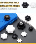 Grippy Five Pack Star Knobs With 1/4 Inch Female Thread, 38mm 6 Point Plastic Head Brass Insert, various sizes displayed