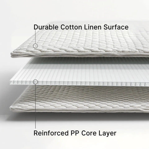 Cross-section of 6 Shelf Hanging Closet Organizer With 3 Removable Fabric Drawers showing reinforced PP core and cotton linen surface.