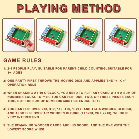 Illustration of Shut The Box Dice Game Wooden Board Game for 2 to 4 players with playing method and game rules displayed.