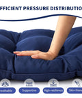 Hand pressing navy blue waterproof tufted seat pad showing pressure distribution and resilience, Outdoor Bench Cushion 48 By 18 By 5 Inch Waterproof Tufted Seat Pad For Patio Porch Swing Sofa And Indoor Furniture Fade Resistant Navy Blue Weatherproof Cushion For All Weather Lounging