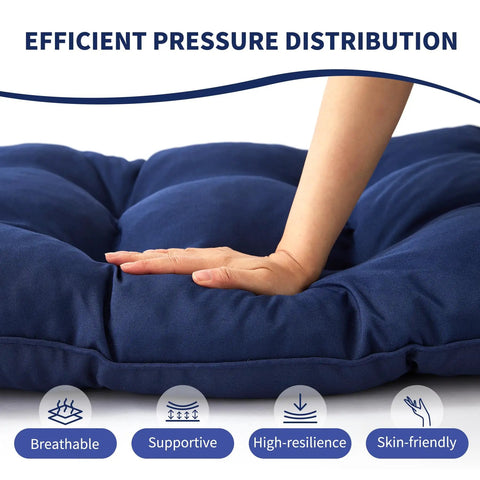 Hand pressing navy blue waterproof tufted seat pad showing pressure distribution and resilience, Outdoor Bench Cushion 48 By 18 By 5 Inch Waterproof Tufted Seat Pad For Patio Porch Swing Sofa And Indoor Furniture Fade Resistant Navy Blue Weatherproof Cushion For All Weather Lounging