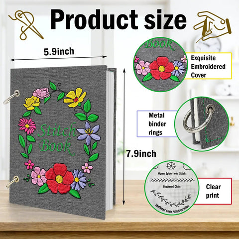 Upgraded Embroidery Stitch Book Kit With 106 Patterns cover showing size details and embroidered floral design