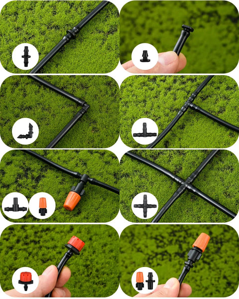 All In One 300 Piece Drip Irrigation Fittings Kit For One Quarter Inch Tubing With Adjustable Emitters and Connectors on Grass