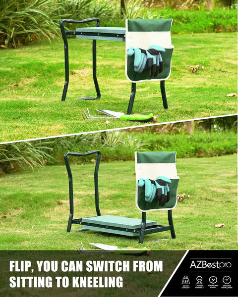 All In One Garden Stool And Kneeler Set with tool bag pouch, green EVA pad and garden gloves, foldable bench for easy weeding.