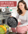 Woman placing Chicken Shredder Tool 8 Inch With Clear Lid And Ergonomic Handle for Pulled Pork Beef and Chicken Shreds in dishwasher