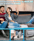 Woman using Cordless Handheld Vacuum Cleaner With LED Light 2 Suction Modes Upgraded Cyclonic Power Up To 9kPa on sofa