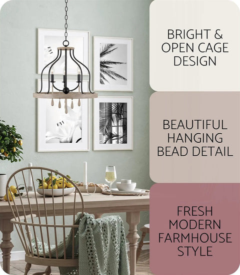 Three-Light Farmhouse Pendant Chandelier With Hanging Wood Accents In Light Oak And Black Finish over dining table