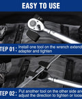 Step-by-step use of Wrench Extender Tool For 1/2 Inch Breaker Bars And 21mm Hex Drives in automotive repair.
