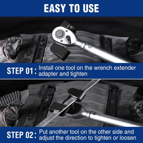 Step-by-step use of Wrench Extender Tool For 1/2 Inch Breaker Bars And 21mm Hex Drives in automotive repair.