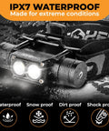 Ultra Bright Rechargeable Headlamp With 1200 Lumen LED IPX7 Waterproof 18650 Battery Included. Image shows LED lights on and IPX7 rating.