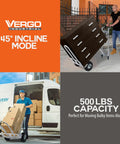 Convertible Hand Truck 3 In 1 Dolly With Extendable Loop in use, moving furniture on incline, carrying boxes, 500 lbs capacity shown.