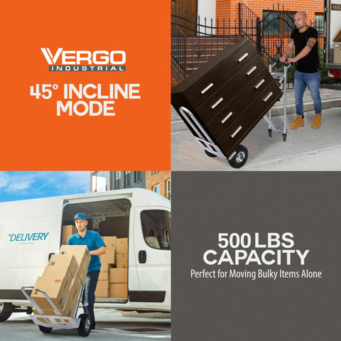 Convertible Hand Truck 3 In 1 Dolly With Extendable Loop in use, moving furniture on incline, carrying boxes, 500 lbs capacity shown.