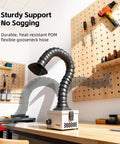 Straight Up Heavy Duty Solder Fume Extractor With Beastmode Suction And Washable Hepa Filters That Runs Pretty Damn Quiet Featuring Flex Gooseneck Snorkel And Thumb Wheel Speed Control For Workshop Bench on a workstation with a flexible gooseneck hose.