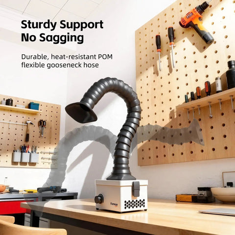 Straight Up Heavy Duty Solder Fume Extractor With Beastmode Suction And Washable Hepa Filters That Runs Pretty Damn Quiet Featuring Flex Gooseneck Snorkel And Thumb Wheel Speed Control For Workshop Bench on a workstation with a flexible gooseneck hose.