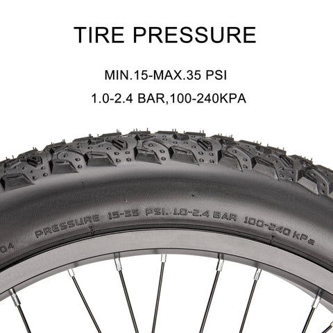 Puncture Resistant Fat Bike Tire Set With 20x3.0, 20x4.0, 26x4.0 Sizes, Folding 60 TPI For E Bikes, Mountain Bikes And Electric Bicycles, includes tire pressure markings.