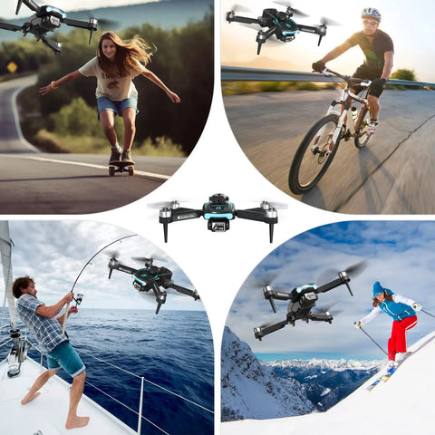 1080P HD Dual Camera Drone With Obstacle Avoidance captures diverse action scenes including skateboarding, cycling, fishing, and skiing.