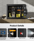 Beefy Fireproof Safe Box 1.2 Cub Digital Safe Waterproof With Combination Lock And LED Keypad Includes Fireproof Bag For Pistol Cash Jewelry And Important Documents with open door showing internal storage compartments and features.