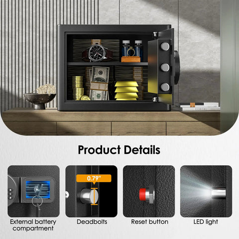 Beefy Fireproof Safe Box 1.2 Cub Digital Safe Waterproof With Combination Lock And LED Keypad Includes Fireproof Bag For Pistol Cash Jewelry And Important Documents with open door showing internal storage compartments and features.