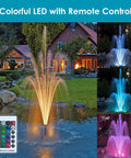 All In One Pond Fountain Kit With 550GPH Pump Three Spray Patterns Color LED And UV Light Easy Setup Outdoor Pond Filter System For 200 To 500 Gallon Ponds Keeps Water Clear And Healthy with colorful LED remote control and pond view