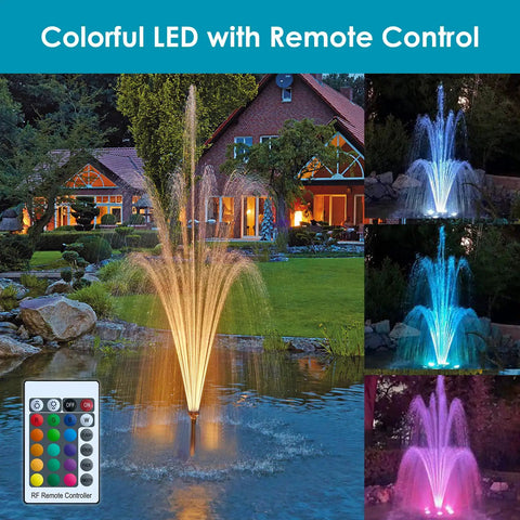 All In One Pond Fountain Kit With 550GPH Pump Three Spray Patterns Color LED And UV Light Easy Setup Outdoor Pond Filter System For 200 To 500 Gallon Ponds Keeps Water Clear And Healthy with colorful LED remote control and pond view