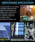 Person soldering electronics, solar panels, battery pack, and robot with text 'Wide Range Application' for Compact MP1584EN DC-DC Buck Converter Module Adjustable Power Supply 4.5V-28V Input, 0.8V-20V Output, 3A Max, High Efficiency 92 Percent, Low Ripple Under 30mV, 1MHz Switching Frequency, Dope for DIY Electronics Projects, Six Pack.