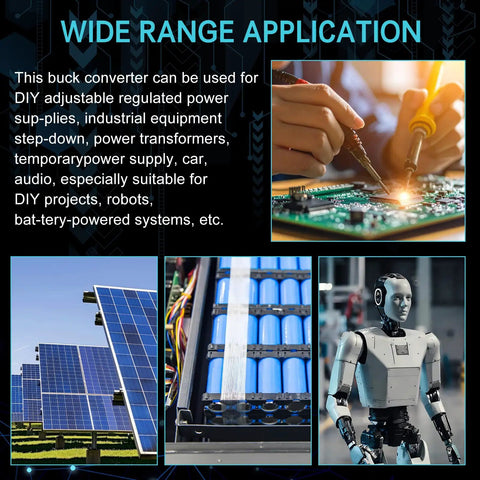 Person soldering electronics, solar panels, battery pack, and robot with text 'Wide Range Application' for Compact MP1584EN DC-DC Buck Converter Module Adjustable Power Supply 4.5V-28V Input, 0.8V-20V Output, 3A Max, High Efficiency 92 Percent, Low Ripple Under 30mV, 1MHz Switching Frequency, Dope for DIY Electronics Projects, Six Pack.