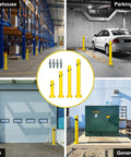 Rock Solid Yard Safety Bollard, Heavy Duty 24 Inch Tall Steel Parking Barrier Post in various settings including warehouse and parking lot.