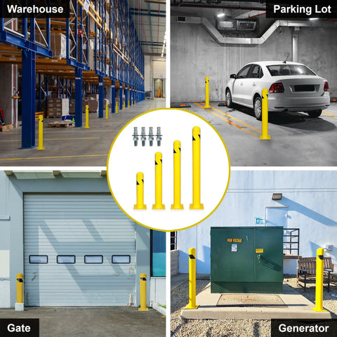 Rock Solid Yard Safety Bollard, Heavy Duty 24 Inch Tall Steel Parking Barrier Post in various settings including warehouse and parking lot.