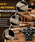 Image of Heavy Duty 5 Hole Dowel Jig For Cabinet Crafting And Furniture Assembly featuring L-Joint, T-Joint, and Edge Joint applications.