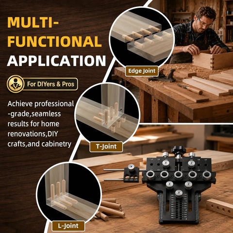 Image of Heavy Duty 5 Hole Dowel Jig For Cabinet Crafting And Furniture Assembly featuring L-Joint, T-Joint, and Edge Joint applications.