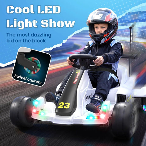 Child riding 12V Kids Electric Drift Go Kart For Ages 4 And Up With Music And LED Lights Swivel Rear Wheels Adjustable Seat Belt Outdoor Ride On Toy For Boys And Girls White Finish Safe Speed Around 4.9 MPH on track