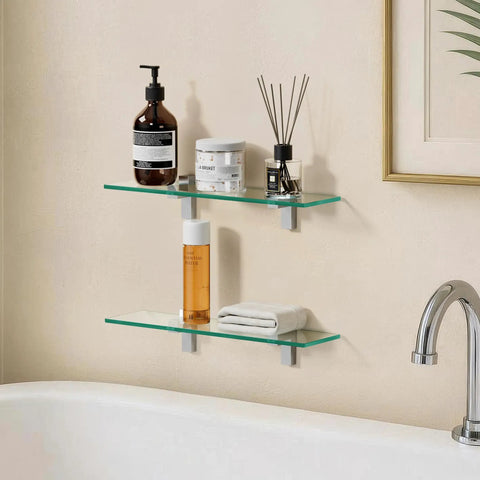 Floating Glass Bathroom Shelf 16 Inch Tempered Glass Wall Shelf With Brushed Nickel Brackets Dope Space Saving Organizer 2 Pack