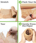 Eco Friendly Honeycomb Packing Paper For Shipping And Moving, Sustainable Paper Bubble Wrap Alternative That Cushions Fragile Stuff Like A Pro, Self Dispenser Box, Natural 12 Inch By 1400 Foot Roll shown being stretched, packed, torn, and pressed around items.