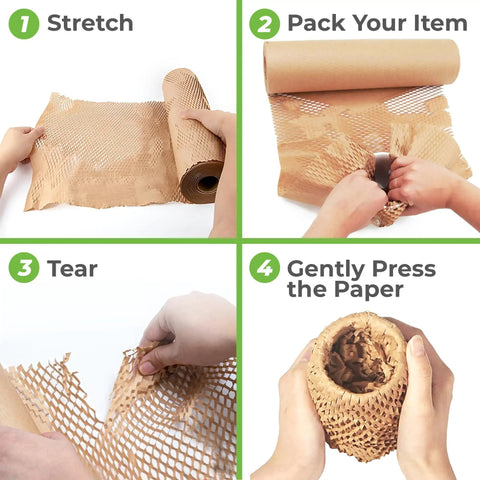 Eco Friendly Honeycomb Packing Paper For Shipping And Moving, Sustainable Paper Bubble Wrap Alternative That Cushions Fragile Stuff Like A Pro, Self Dispenser Box, Natural 12 Inch By 1400 Foot Roll shown being stretched, packed, torn, and pressed around items.