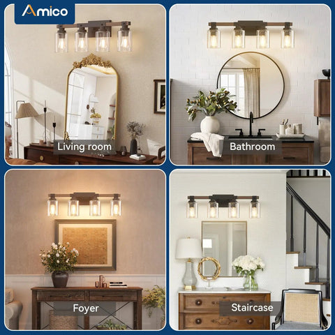 Farmhouse Vanity Lights For Bathroom, Rustic 4 Light Industrial Painted Wood Fixtures, Vintage Black Wall Sconces With Bubble Glass Shades, Cool Retro Vibe Bathroom Lighting With Warm Ambience