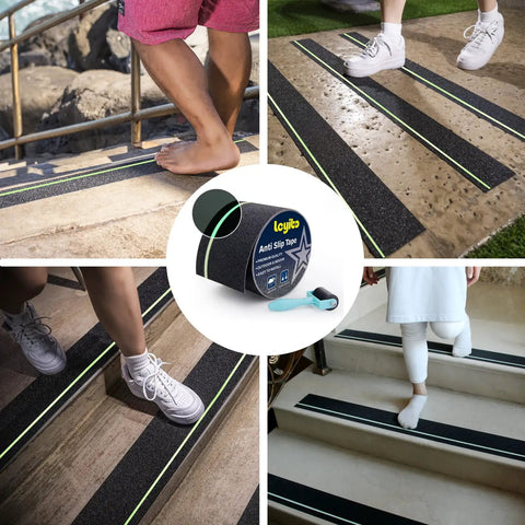 Anti Slip Tape With Glow In The Dark Stripe For Stairs Four Inch By Thirty Five Foot Waterproof Non Slip Grip Tape applied on stairs.