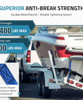 Heavy Duty 1 Inch By 4 Foot Boat Trailer Tie Down Straps With Ratchet Buckle securing a boat on trailer, focus on durability