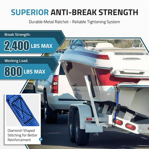 Heavy Duty 1 Inch By 4 Foot Boat Trailer Tie Down Straps With Ratchet Buckle securing a boat on trailer, focus on durability