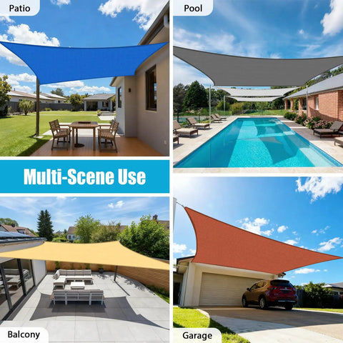 Four outdoor settings with shade sails, displaying multi-scene use of Rectangular 10x20 Shade Sail In Sand Color For Outdoor Patio Garden Deck Backyard Deck Ready UV Blocking Breathable Canopy Customizable Rust Resistant Stainless Steel D Rings Premium 185GSM Poly Fabric With Curved Edge Design