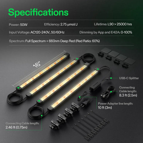 Lumaray Four Bar LED Grow Light Bars 16 Inch Full Spectrum Side Lighting With Red Enhancement components and specifications