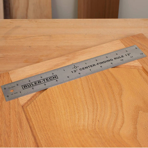 Stainless Steel Center Finder Ruler With No Guesswork And Dual Scale, 12 Inch Metal Measuring Tool on wooden surface