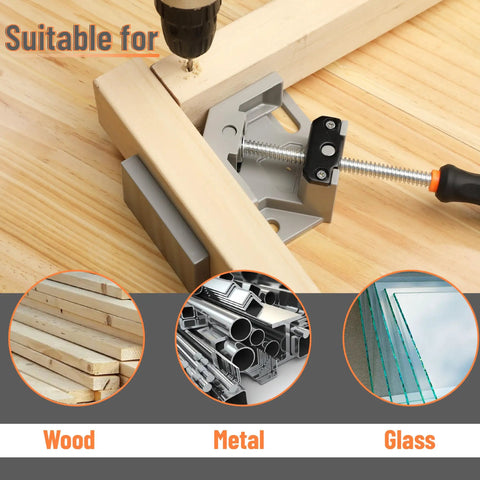 Corner Clamps For Woodworking 2 Pack 90 Degree Right Angle Clamps With Adjustable Swing Jaw holding wood at a right angle, shown with drill.