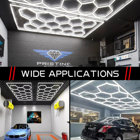 Hexagonal LED Garage Light 12 Pack 210W 21600 Lumens Ultra Bright Beast Mode 5000K Cool White No Flicker CRI 85 Plus in workshop