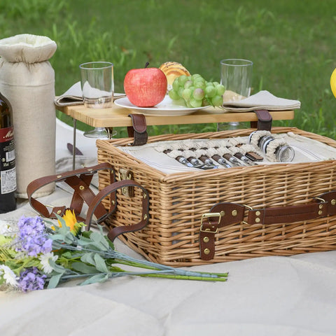 Wicker Picnic Basket Set For Two With Insulated Cooler, Detachable Table Lid, Blanket And Full Tableware