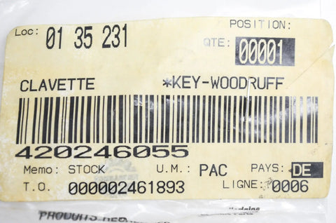 Label displaying OEM Woodruff Key for Sportster GTI Snowmobile Replacement Part 290246055 420246055
