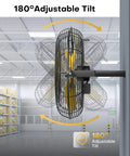 Heavy Duty 18 Inch Industrial Wall Fan With 4800 CFM Airflow, Metal Wall Mount, side view, showing 180° adjustable tilt feature.