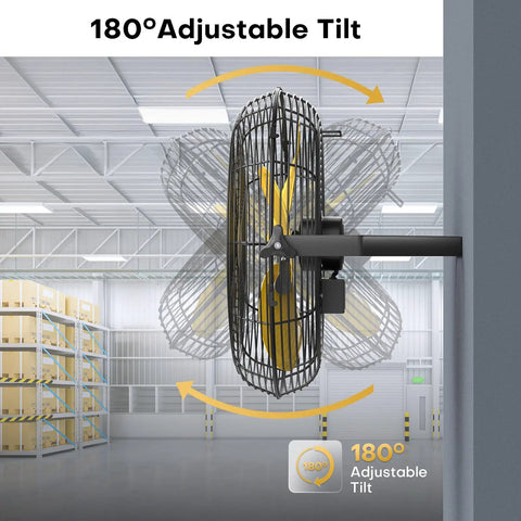 Heavy Duty 18 Inch Industrial Wall Fan With 4800 CFM Airflow, Metal Wall Mount, side view, showing 180° adjustable tilt feature.