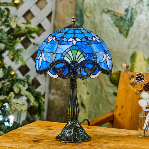 Blue Tiffany Style Table Lamp With Handcrafted Stained Glass For A Classic Vibe Vintage Luxurious Nightstand Reading Desk Light 18 Inch Tall Bronze Finish UL Certified Online Switch E26 LED Edison Bulb Or Incandescent Up To 60W Not Included